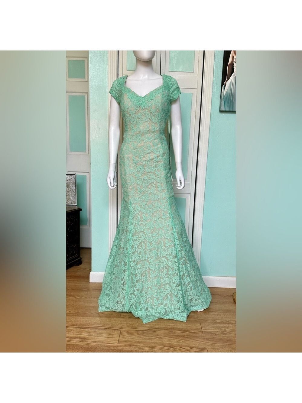 Size 12 Lace Mermaid Mint Green Nude lining Fitted gown Dress Mother Open Back
